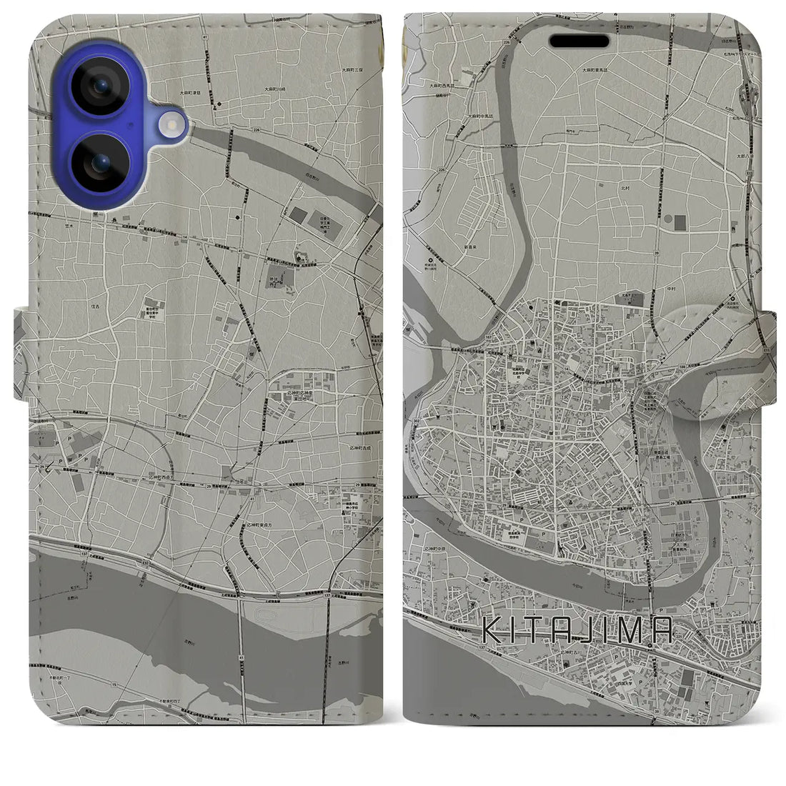 【北島(徳島県)】地図柄iPhoneケース(手帳タイプ)モノトーン・iPhone 16 Pro Max 用