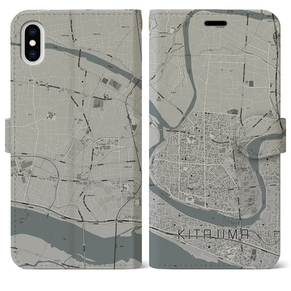 【北島（徳島県）】地図柄iPhoneケース（手帳タイプ）モノトーン・iPhone XS Max 用