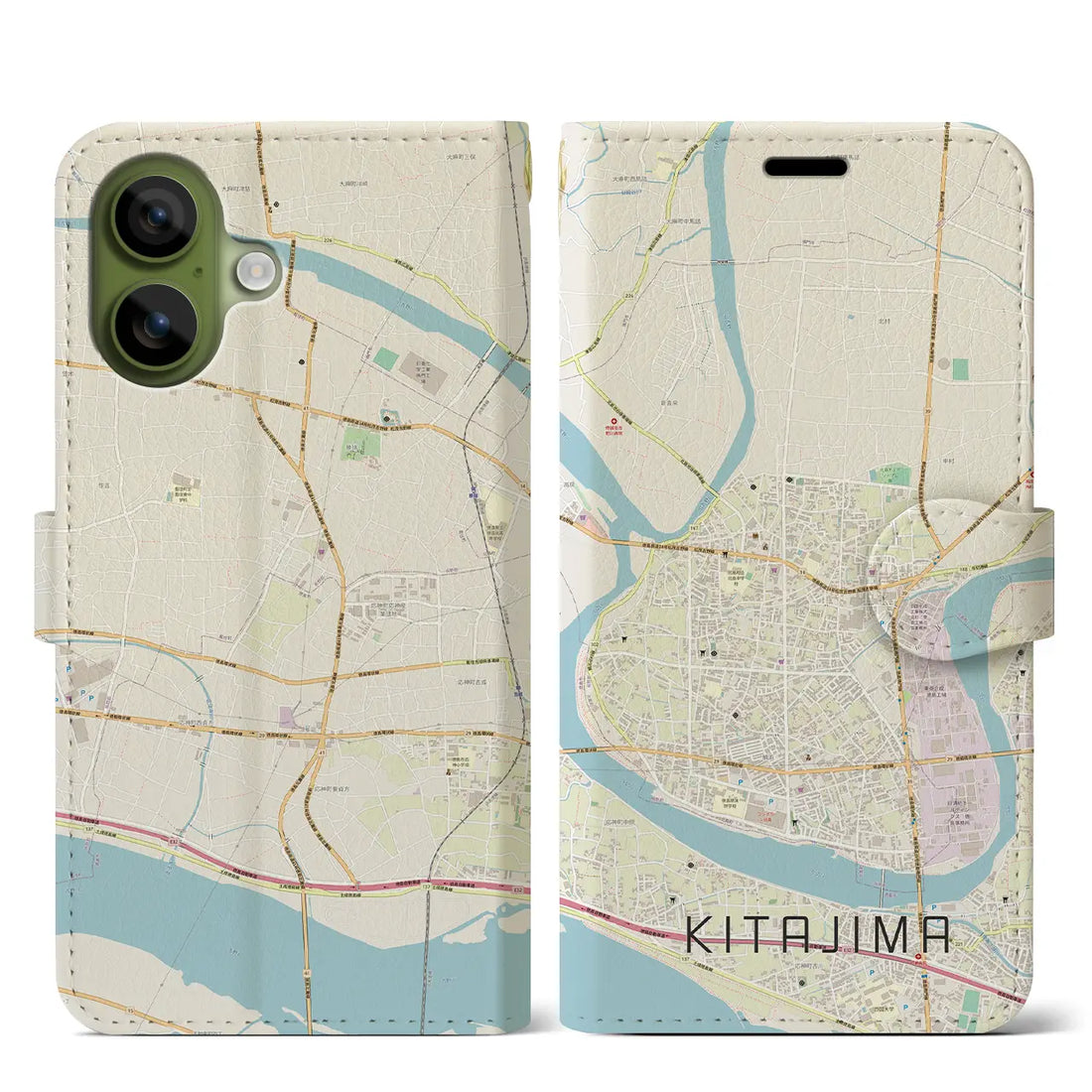 【北島（徳島県）】地図柄iPhoneケース（手帳タイプ）ナチュラル・iPhone 17 Pro Max 用