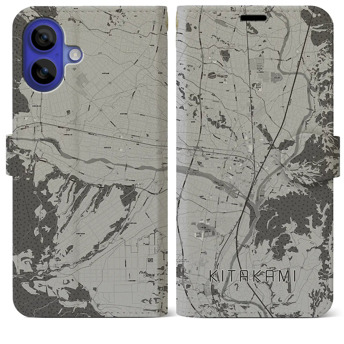 【北上(岩手県)】地図柄iPhoneケース(手帳タイプ)モノトーン・iPhone 16 Pro Max 用