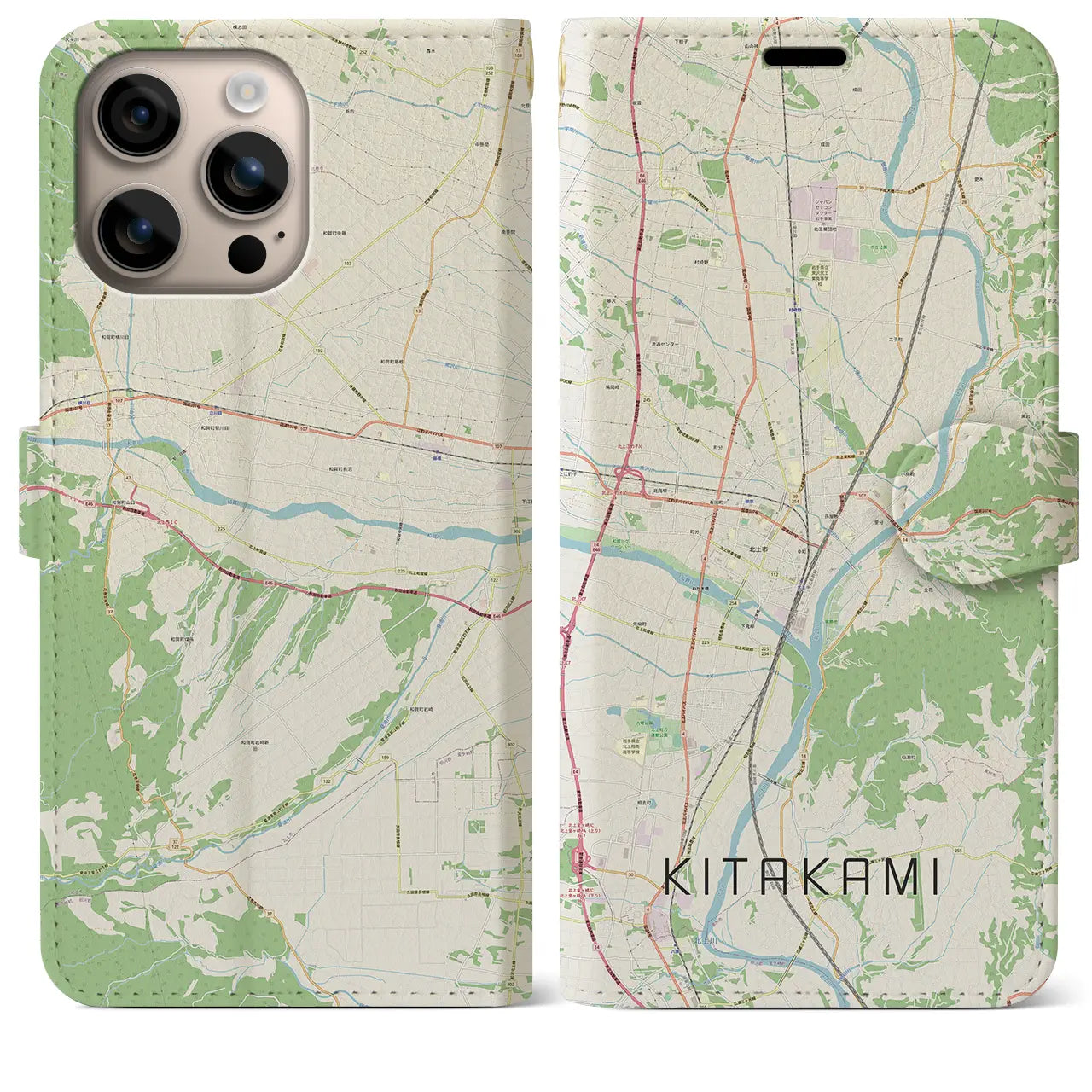 【北上（岩手県）】地図柄iPhoneケース（手帳タイプ）ナチュラル・iPhone 16 Plus 用