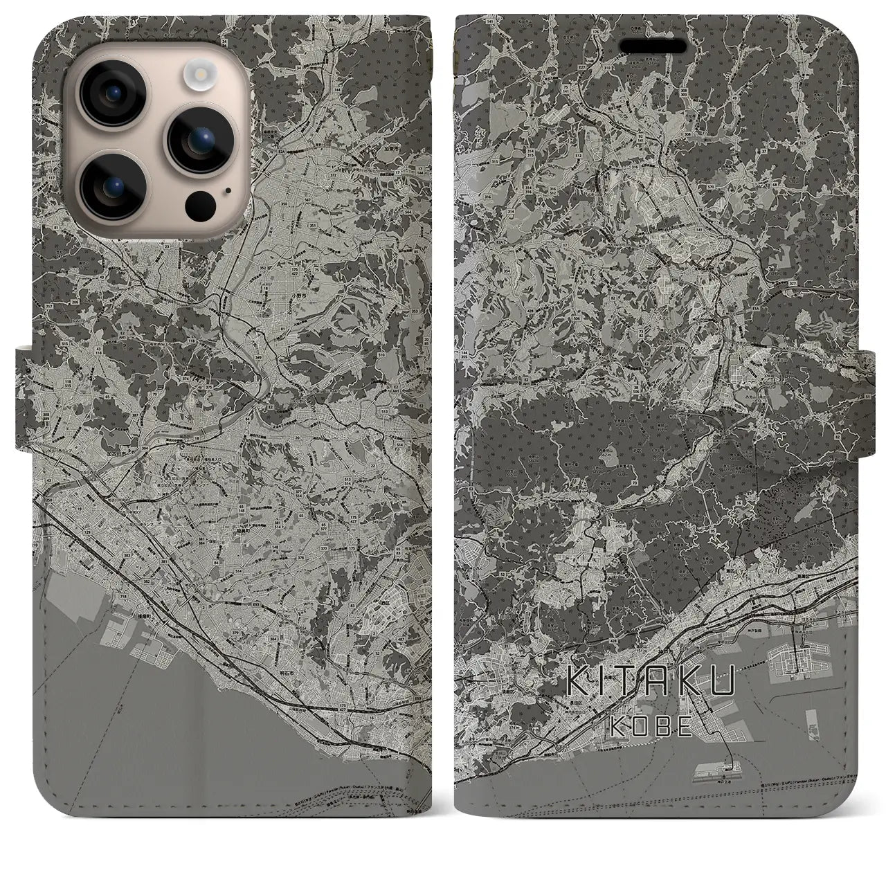 【北区（神戸市）】地図柄iPhoneケース（手帳タイプ）モノトーン・iPhone 16 Plus 用