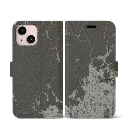 【北区（京都市）】地図柄iPhoneケース（手帳タイプ）モノトーン・iPhone 13 mini 用