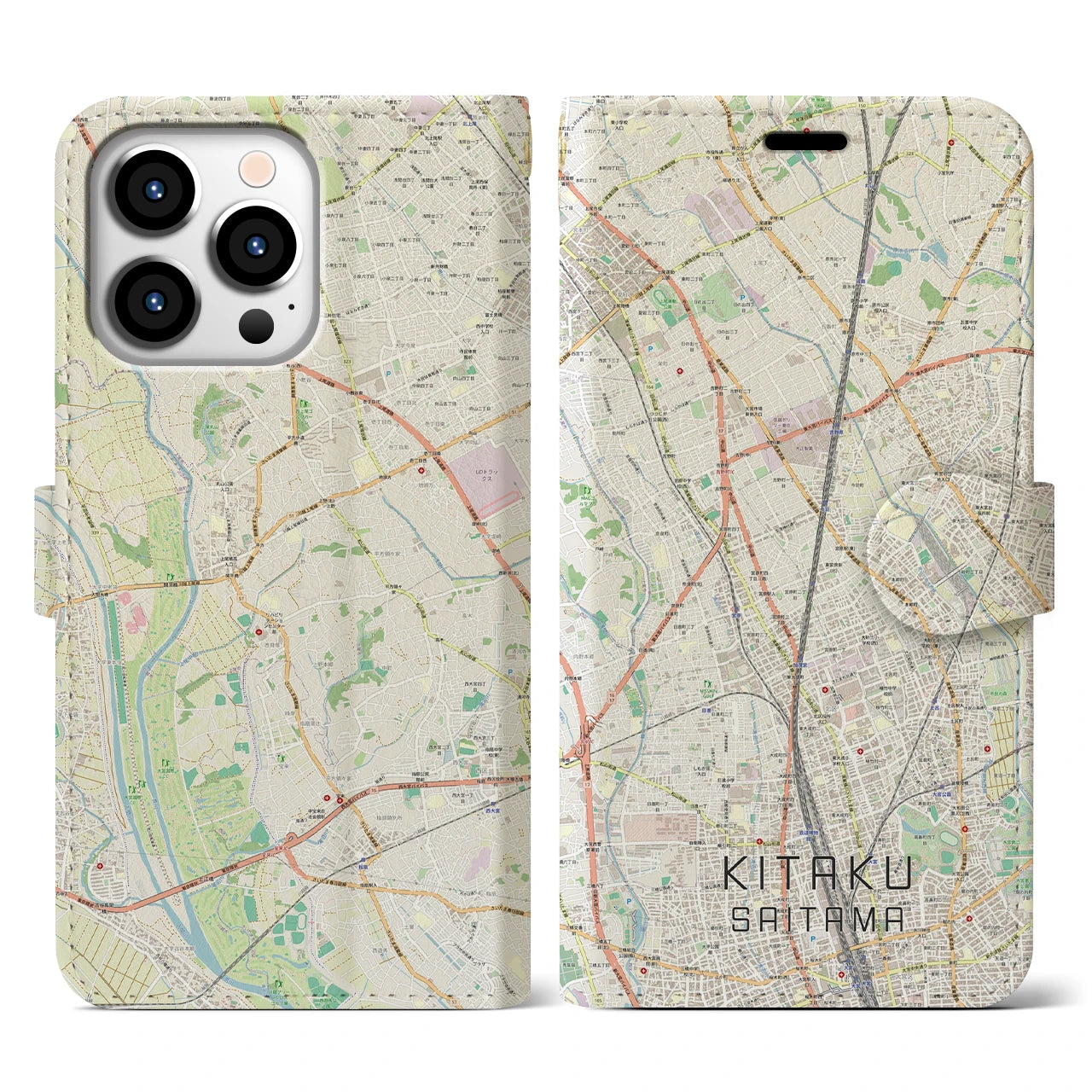 【北区（さいたま市）】地図柄iPhoneケース（手帳タイプ）ナチュラル・iPhone 13 Pro 用