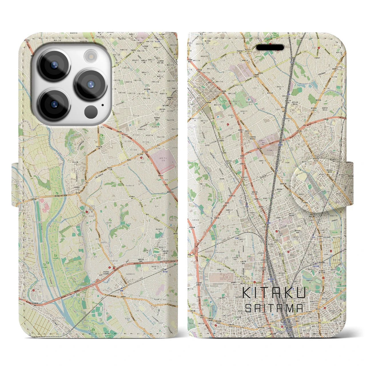 【北区（さいたま市）】地図柄iPhoneケース（手帳タイプ）ナチュラル・iPhone 14 Pro 用