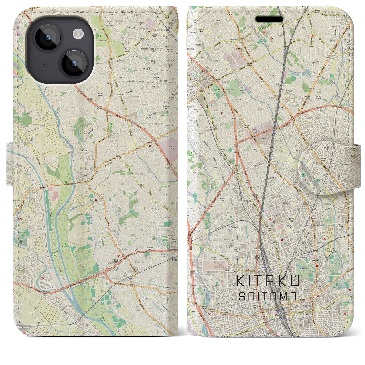 【北区（さいたま市）】地図柄iPhoneケース（手帳タイプ）ナチュラル・iPhone 14 Plus 用