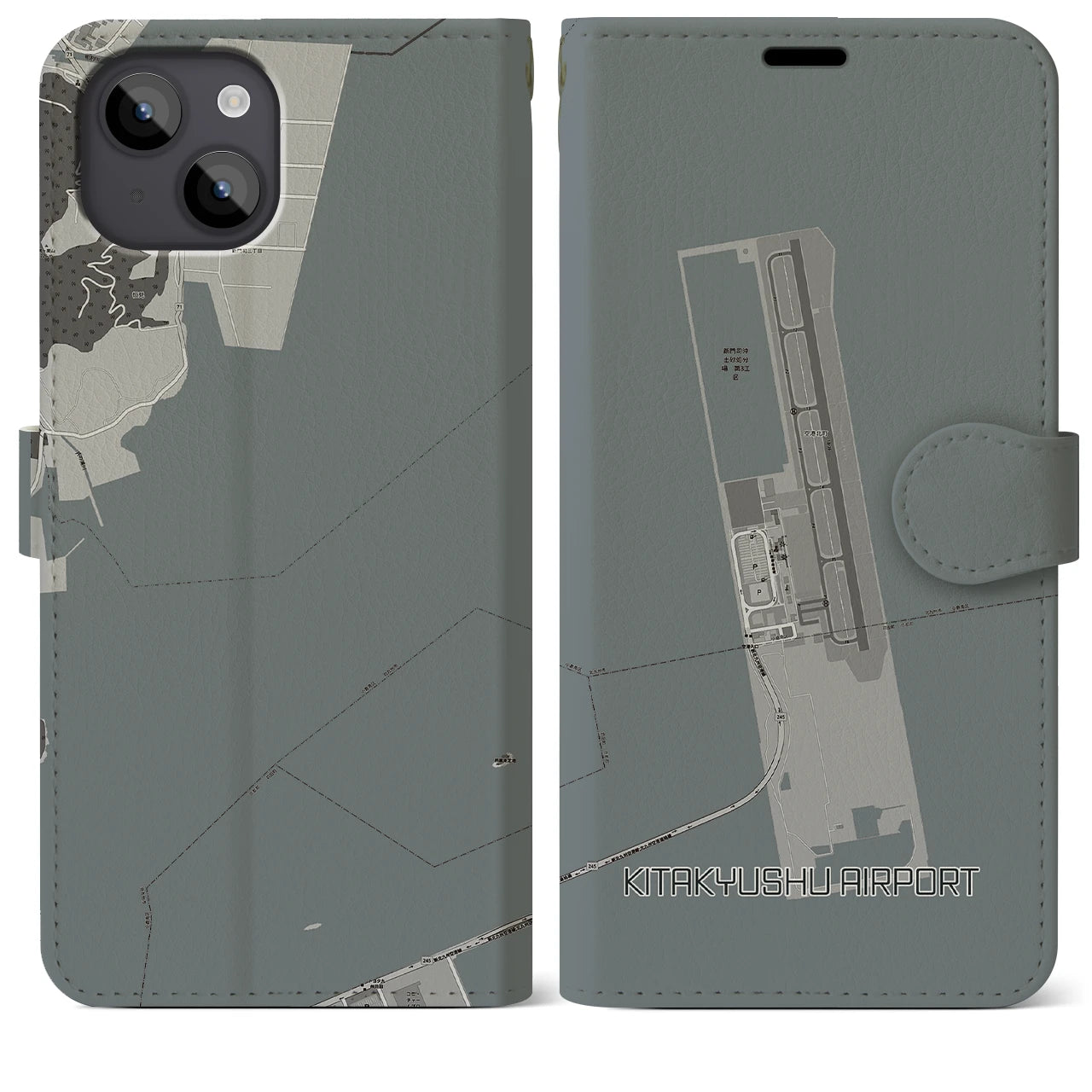 【北九州空港】地図柄iPhoneケース（手帳両面タイプ・モノトーン）iPhone 14 Plus 用