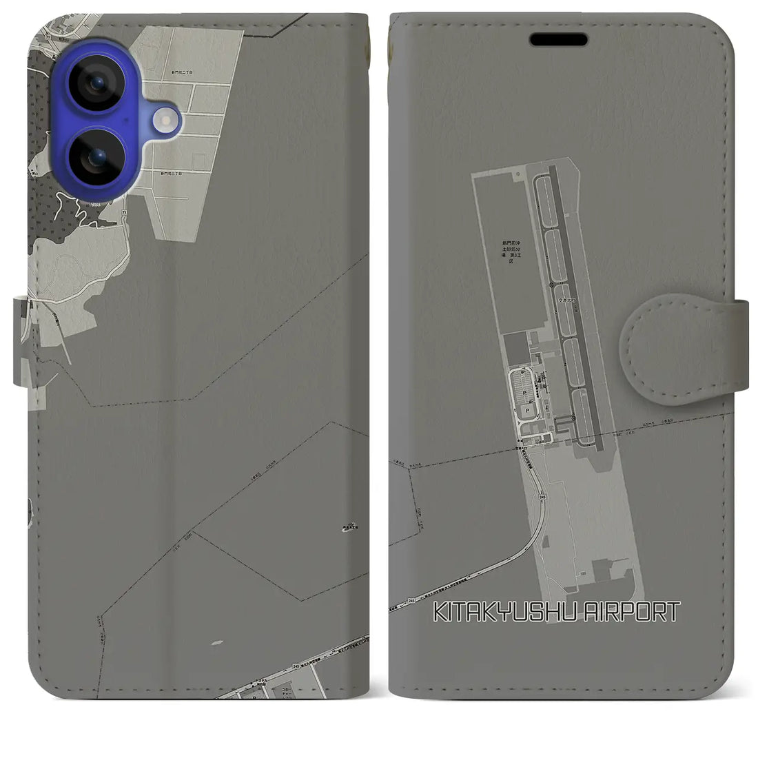 【北九州空港(福岡県)】地図柄iPhoneケース(手帳タイプ)モノトーン・iPhone 16 Pro Max 用