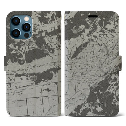 【北見（北海道）】地図柄iPhoneケース（手帳タイプ）モノトーン・iPhone 12 / 12 Pro 用