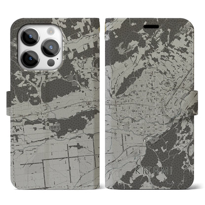 【北見（北海道）】地図柄iPhoneケース（手帳タイプ）モノトーン・iPhone 14 Pro 用