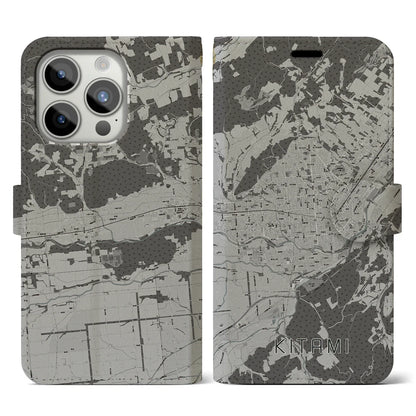 【北見（北海道）】地図柄iPhoneケース（手帳タイプ）モノトーン・iPhone 15 Pro 用