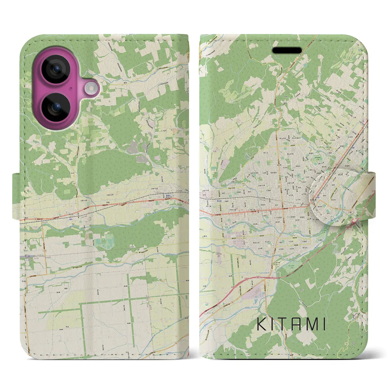 【北見（北海道）】地図柄iPhoneケース（手帳タイプ）ナチュラル・iPhone 16 Pro 用