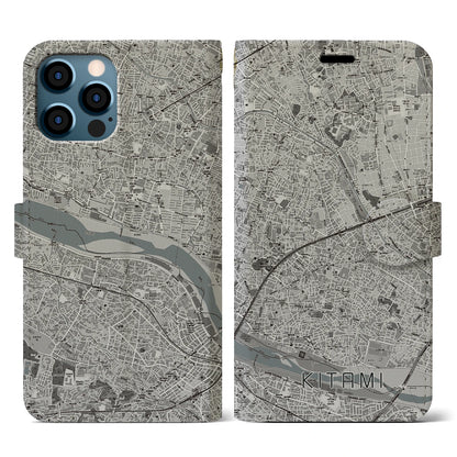 【喜多見（東京都）】地図柄iPhoneケース（手帳タイプ）モノトーン・iPhone 12 / 12 Pro 用