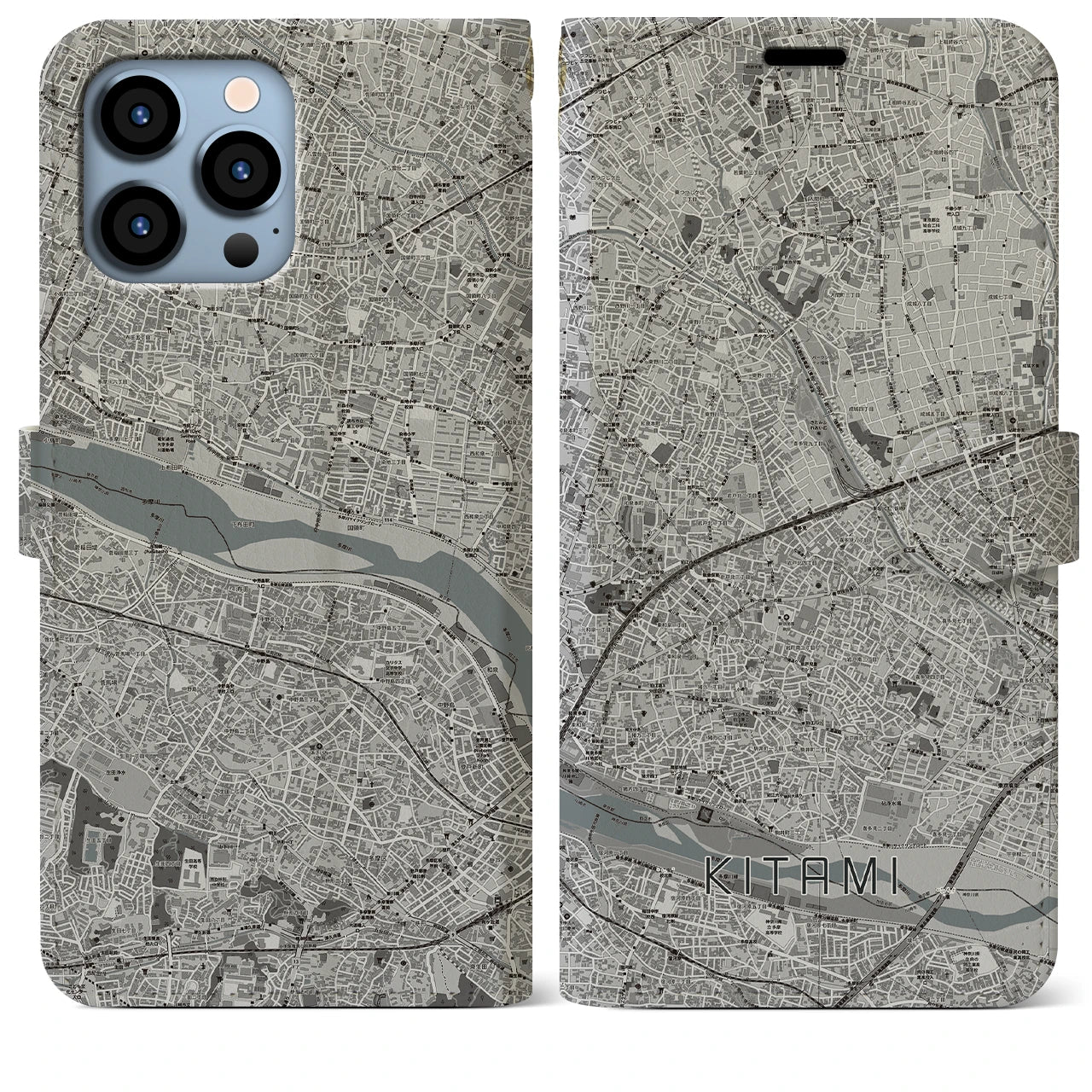 【喜多見】地図柄iPhoneケース（手帳両面タイプ・モノトーン）iPhone 13 Pro Max 用