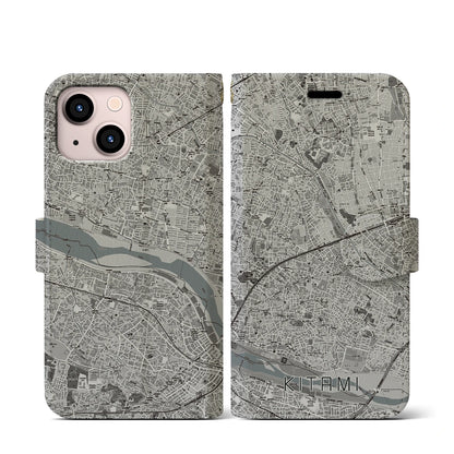 【喜多見（東京都）】地図柄iPhoneケース（手帳タイプ）モノトーン・iPhone 13 mini 用