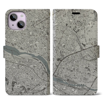 【喜多見（東京都）】地図柄iPhoneケース（手帳タイプ）モノトーン・iPhone 14 用