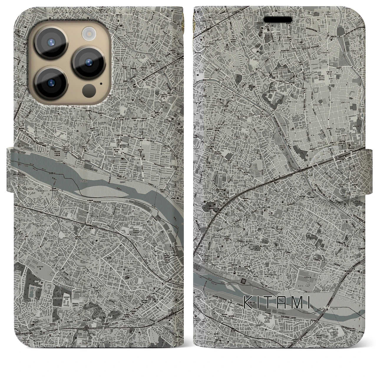 【喜多見】地図柄iPhoneケース（手帳両面タイプ・モノトーン）iPhone 14 Pro Max 用