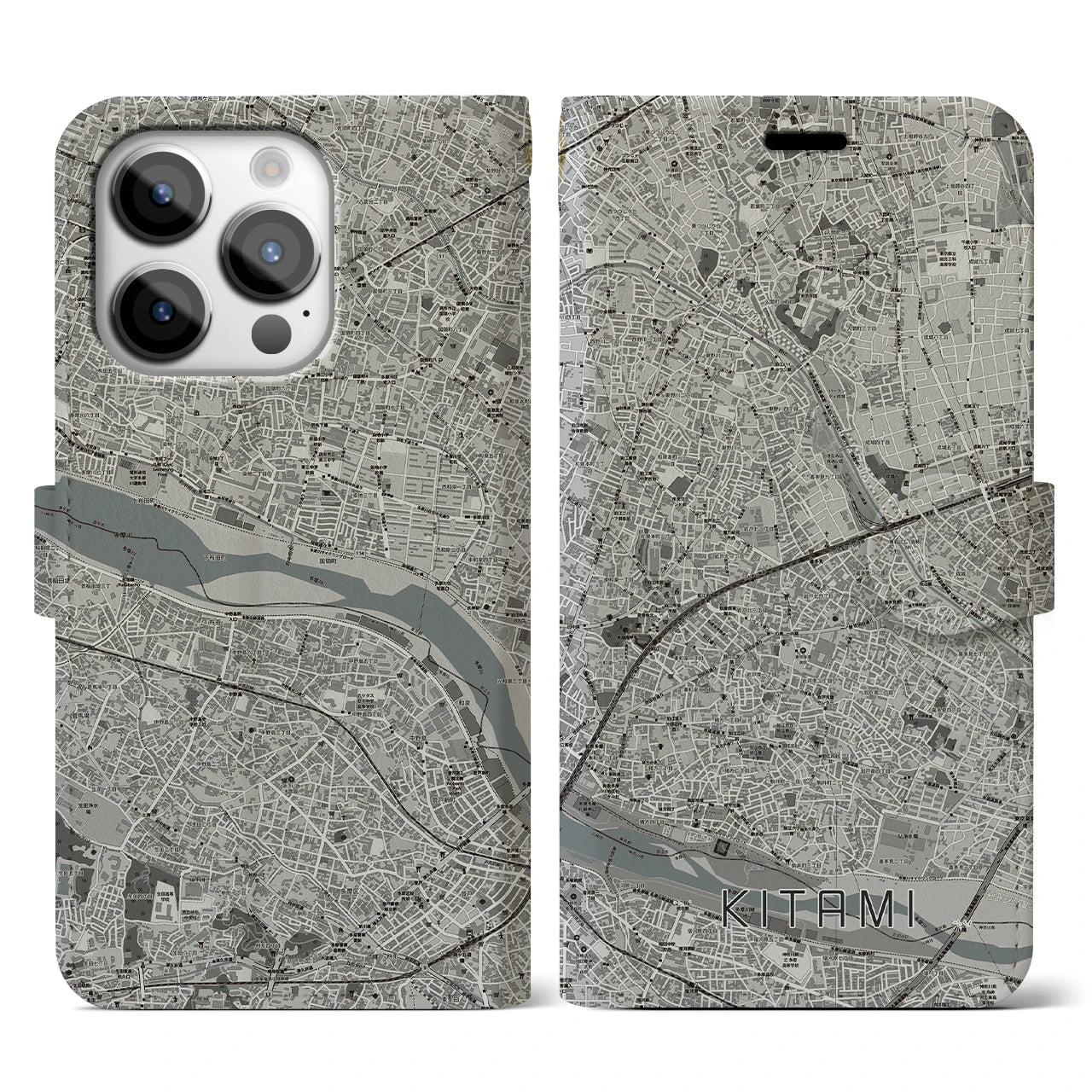【喜多見】地図柄iPhoneケース（手帳両面タイプ・モノトーン）iPhone 14 Pro 用