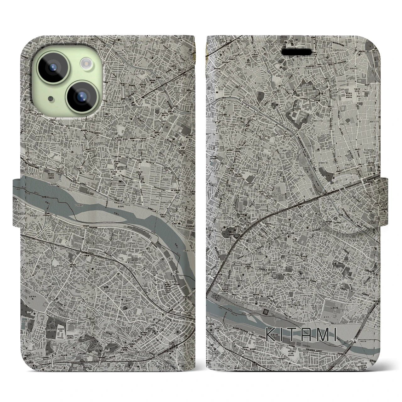 【喜多見】地図柄iPhoneケース（手帳両面タイプ・モノトーン）iPhone 15 用