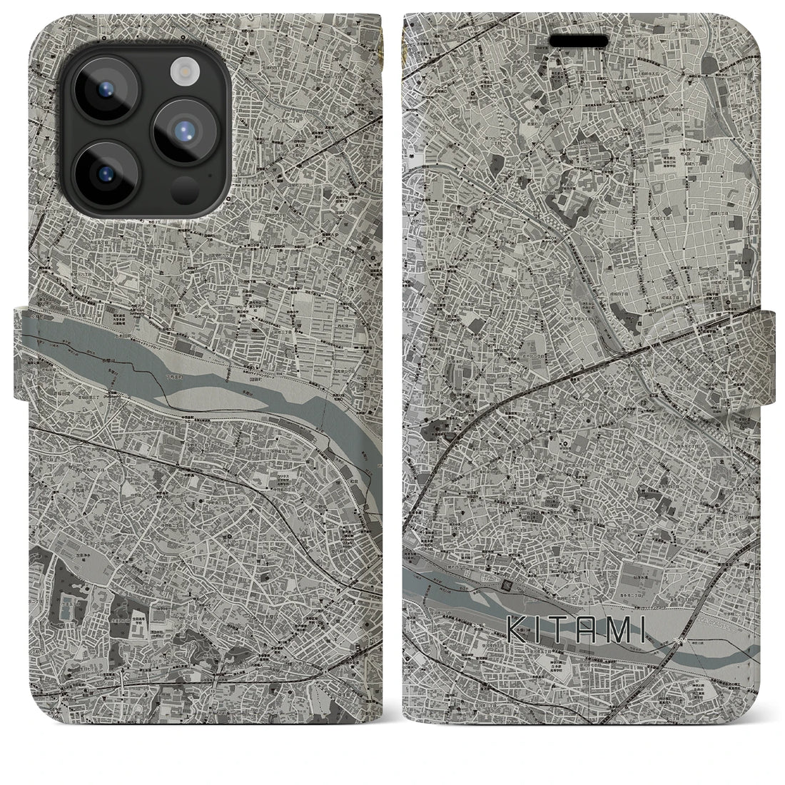 【喜多見】地図柄iPhoneケース（手帳両面タイプ・モノトーン）iPhone 15 Pro Max 用