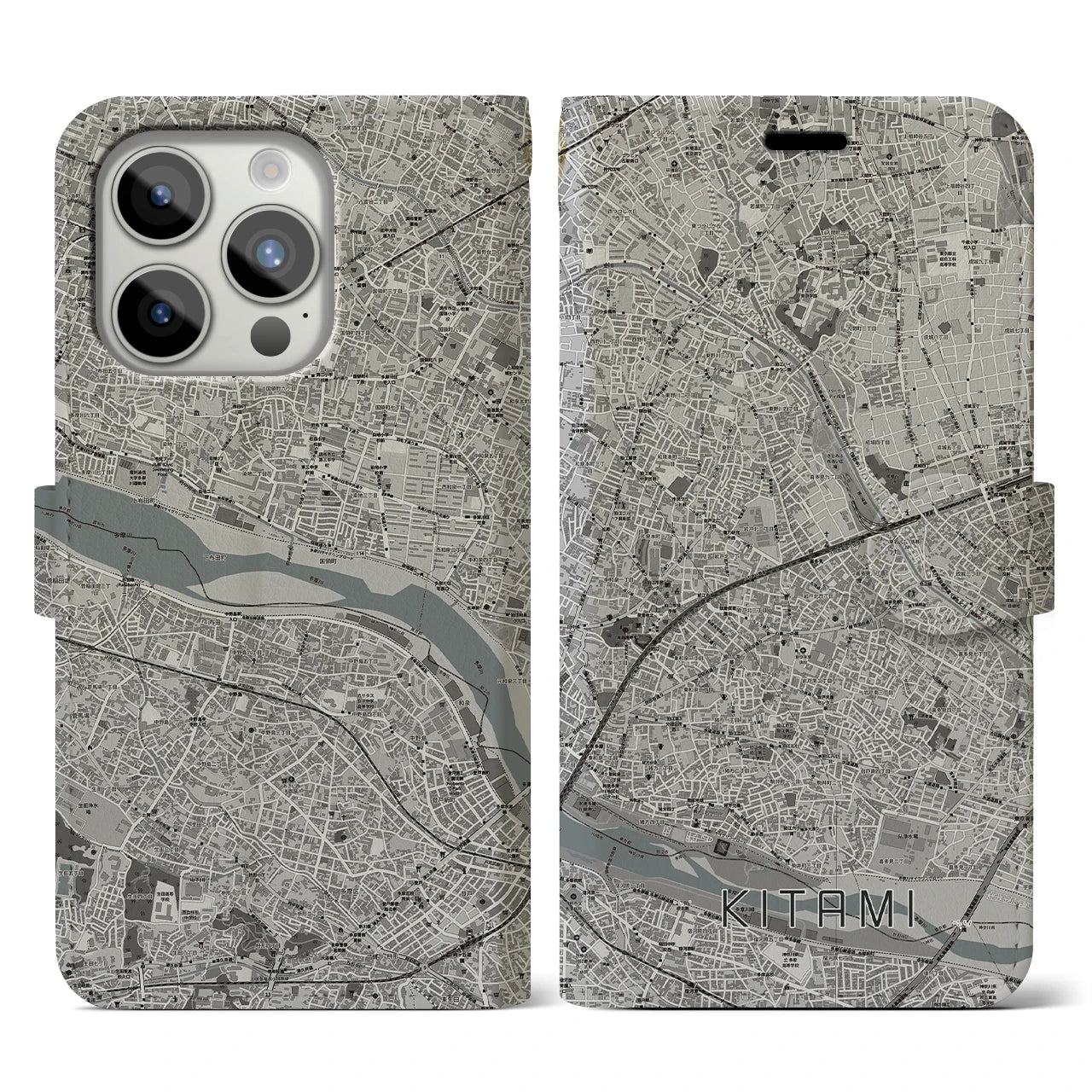 【喜多見】地図柄iPhoneケース（手帳両面タイプ・モノトーン）iPhone 15 Pro 用