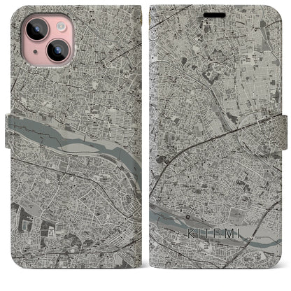 【喜多見（東京都）】地図柄iPhoneケース（手帳タイプ）モノトーン・iPhone 15 Plus 用