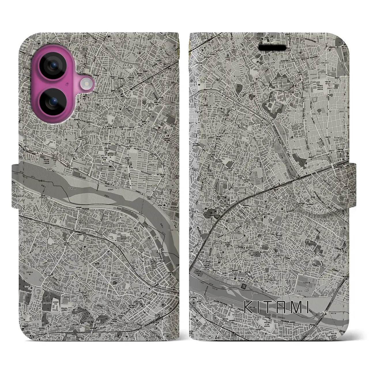 【喜多見（東京都）】地図柄iPhoneケース（手帳タイプ）モノトーン・iPhone 16 Pro 用