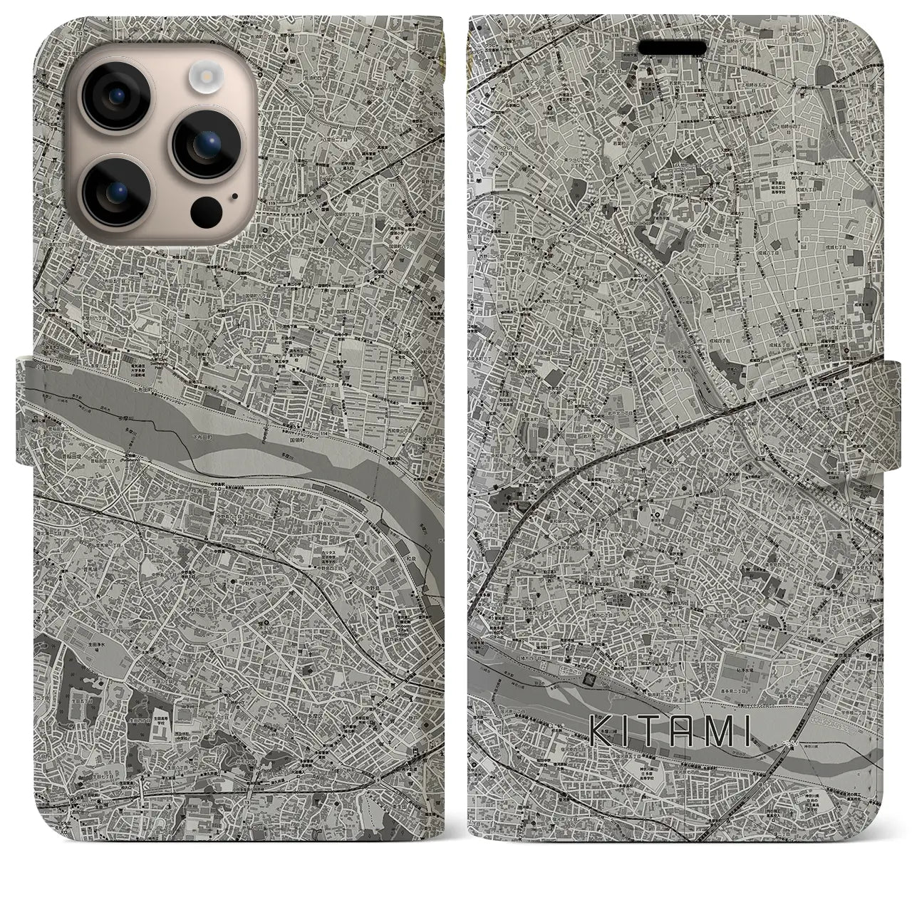 【喜多見（東京都）】地図柄iPhoneケース（手帳タイプ）モノトーン・iPhone 16 Plus 用