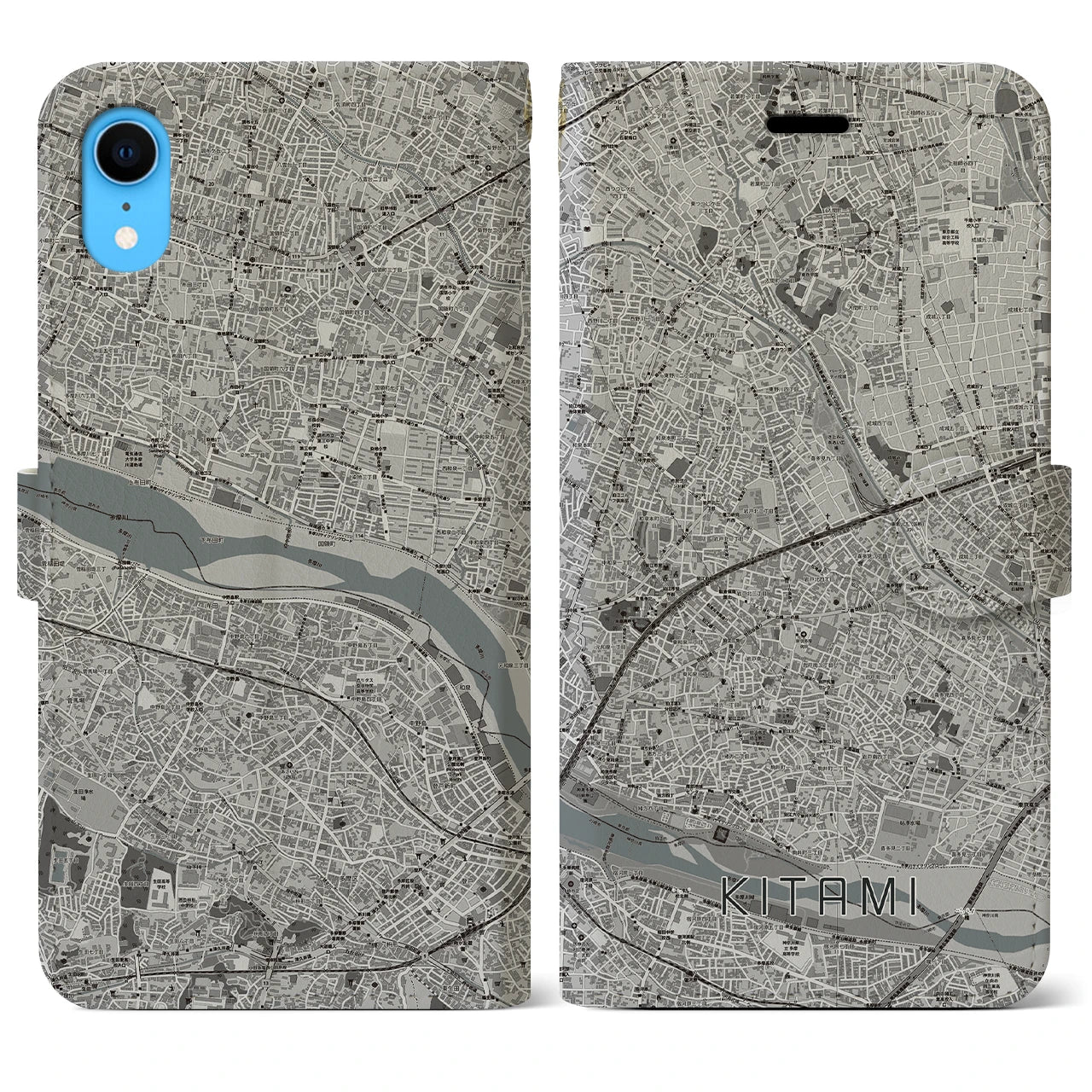 【喜多見】地図柄iPhoneケース（手帳両面タイプ・モノトーン）iPhone XR 用