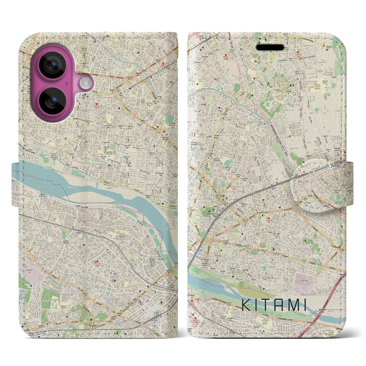 【喜多見（東京都）】地図柄iPhoneケース（手帳タイプ）ナチュラル・iPhone 16 Pro 用