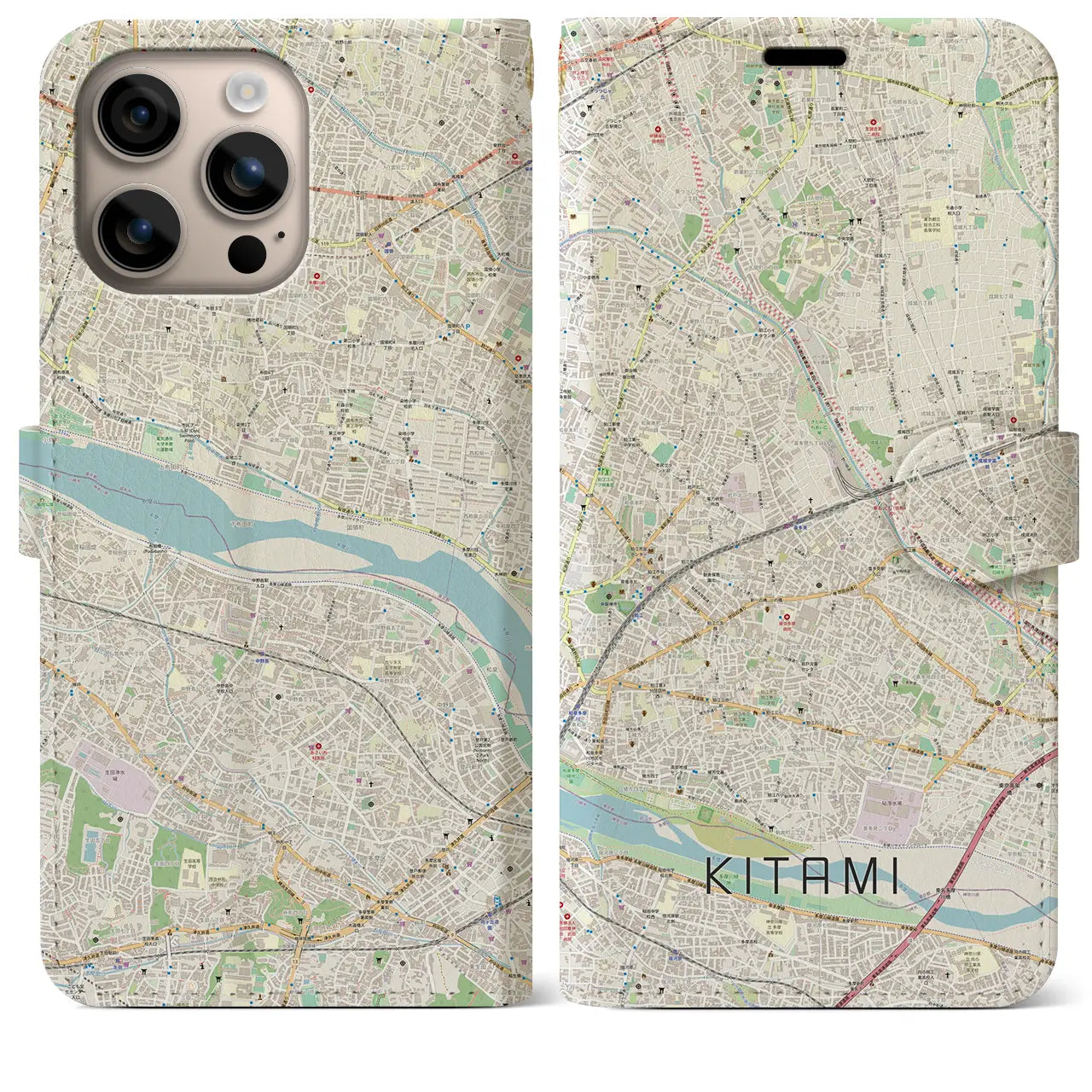 【喜多見（東京都）】地図柄iPhoneケース（手帳タイプ）ナチュラル・iPhone 16 Plus 用