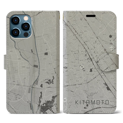 【北本（埼玉県）】地図柄iPhoneケース（手帳タイプ）モノトーン・iPhone 12 / 12 Pro 用