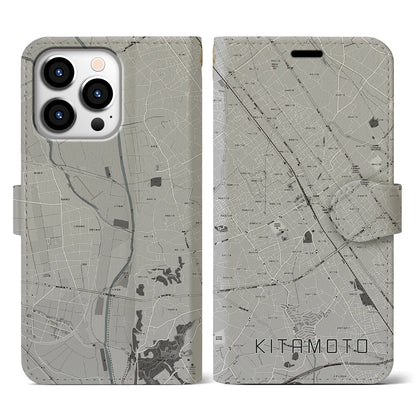 【北本（埼玉県）】地図柄iPhoneケース（手帳タイプ）モノトーン・iPhone 13 Pro 用