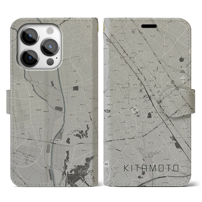 【北本（埼玉県）】地図柄iPhoneケース（手帳タイプ）モノトーン・iPhone 14 Pro 用
