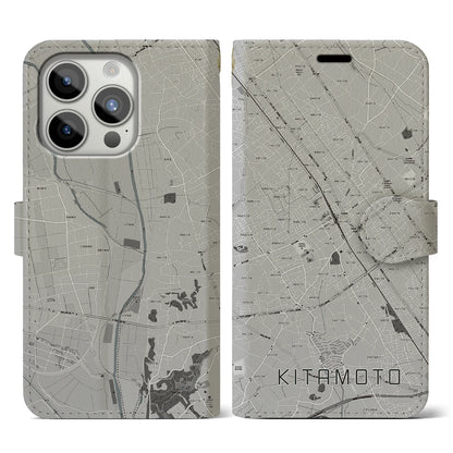 【北本（埼玉県）】地図柄iPhoneケース（手帳タイプ）モノトーン・iPhone 15 Pro 用