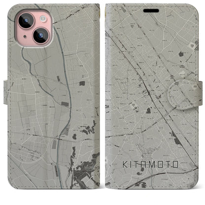【北本（埼玉県）】地図柄iPhoneケース（手帳タイプ）モノトーン・iPhone 15 Plus 用