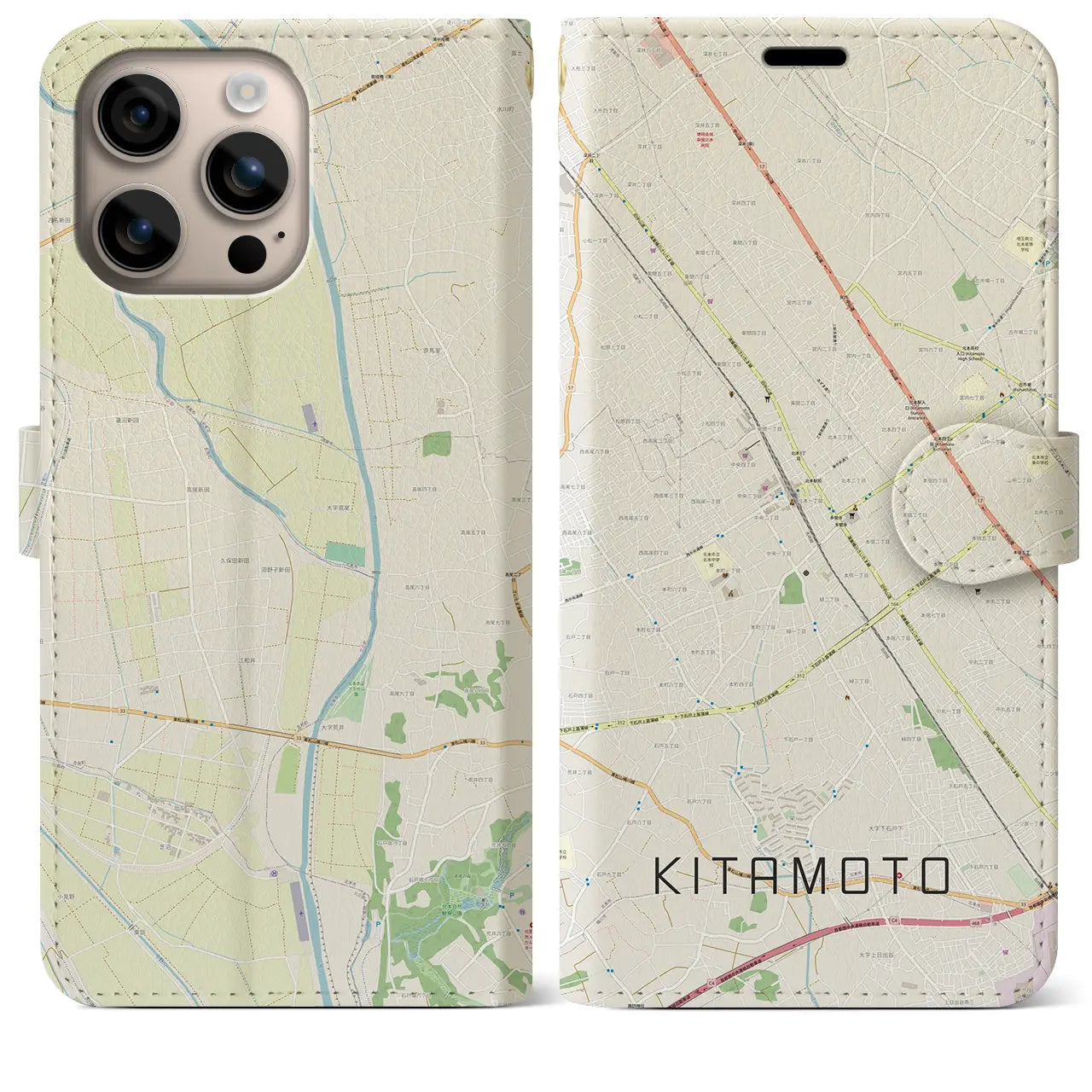 【北本（埼玉県）】地図柄iPhoneケース（手帳タイプ）ナチュラル・iPhone 16 Plus 用