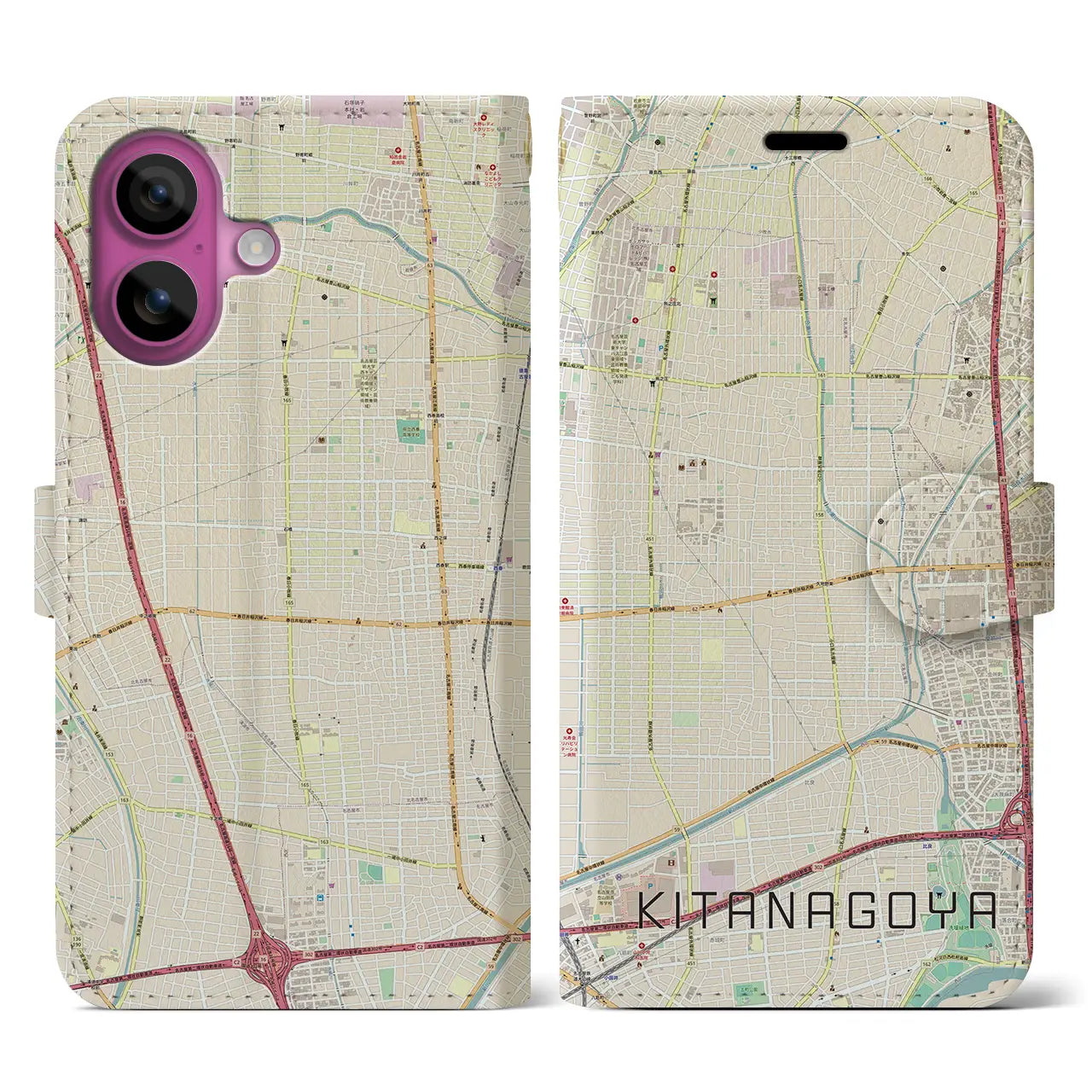 【北名古屋（愛知県）】地図柄iPhoneケース（手帳タイプ）ナチュラル・iPhone 16 Pro 用