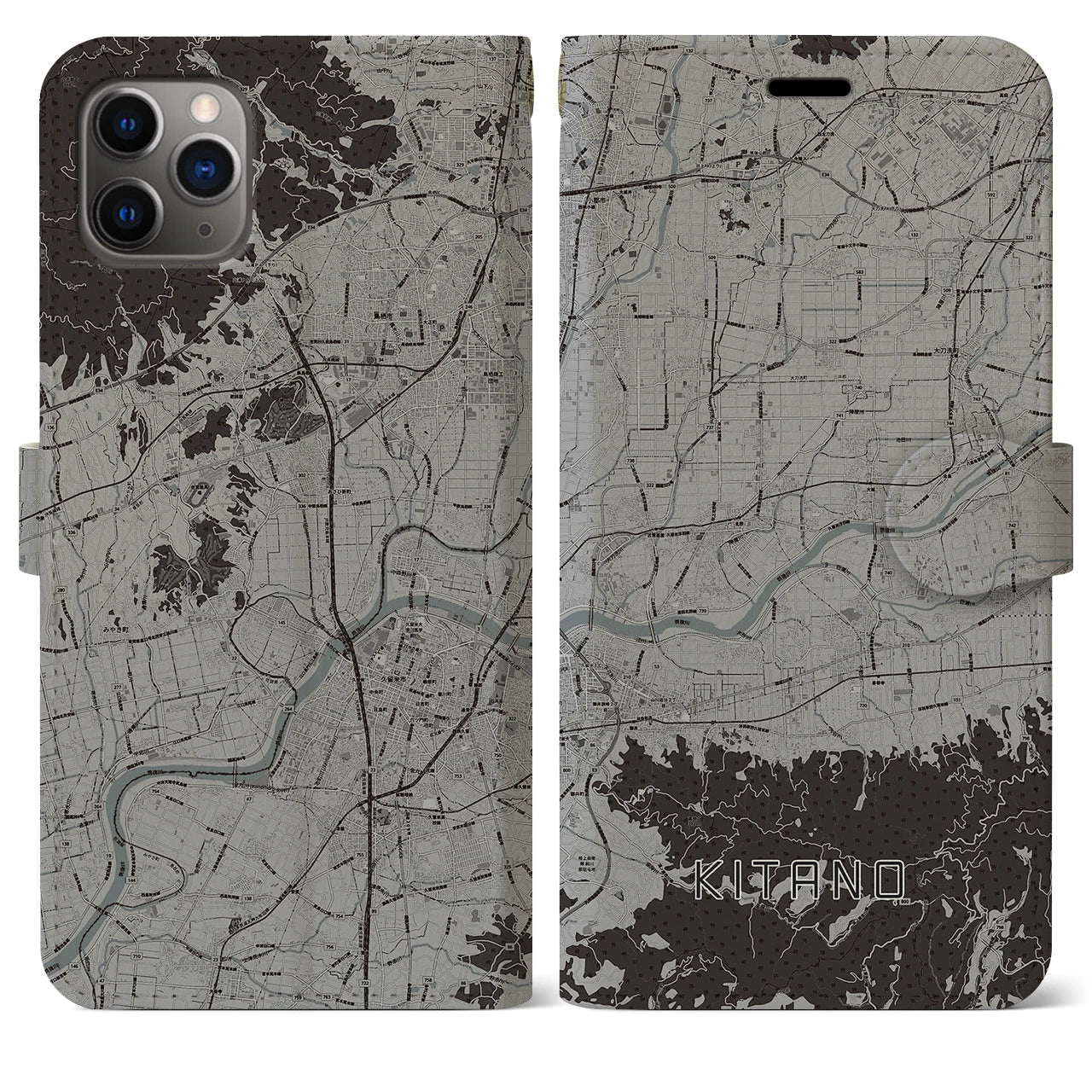 【北野】地図柄iPhoneケース（手帳両面タイプ・モノトーン）iPhone 11 Pro Max 用