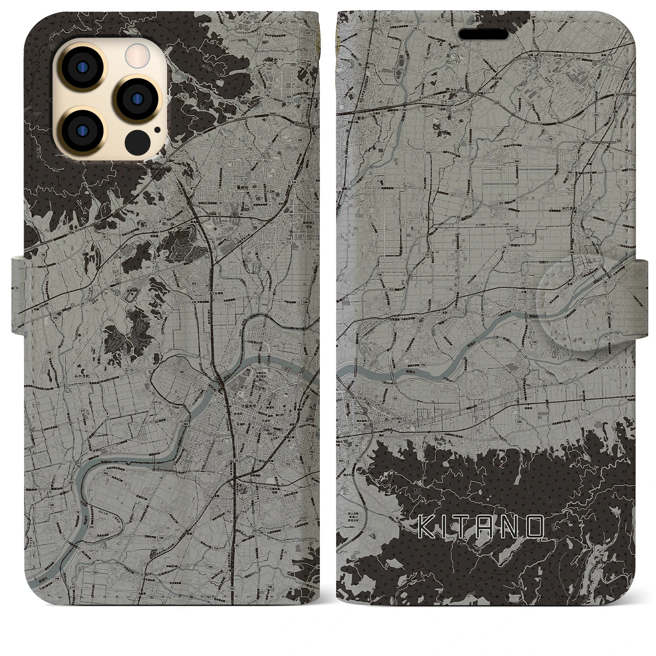 【北野】地図柄iPhoneケース（手帳両面タイプ・モノトーン）iPhone 12 Pro Max 用