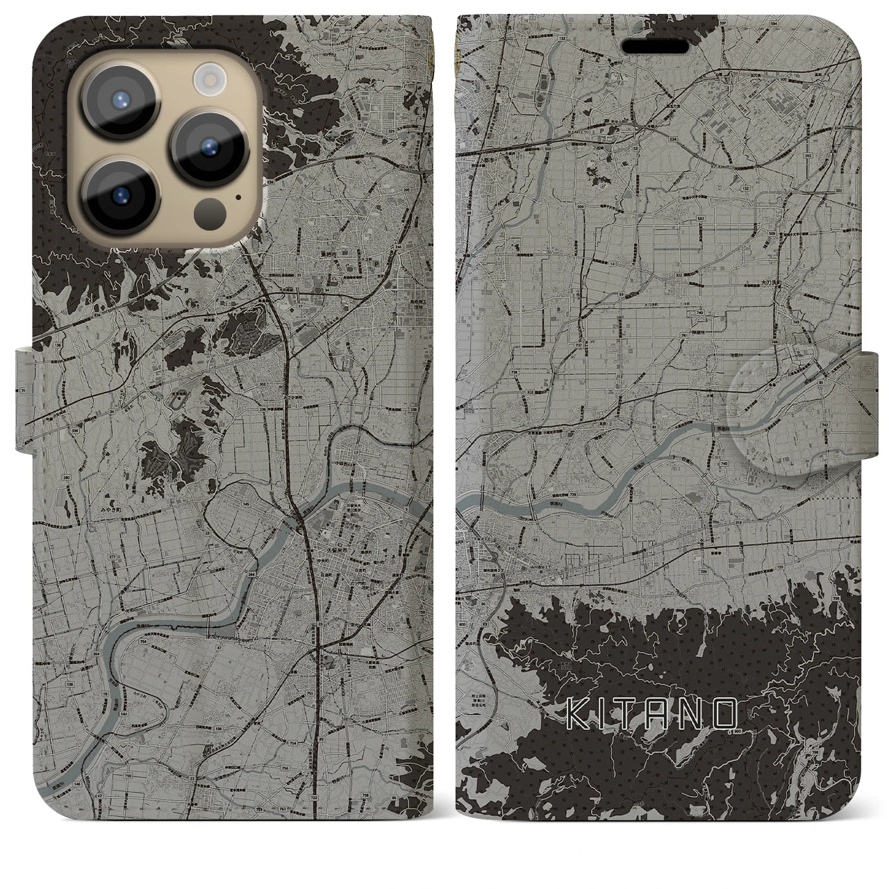 【北野】地図柄iPhoneケース（手帳両面タイプ・モノトーン）iPhone 14 Pro Max 用