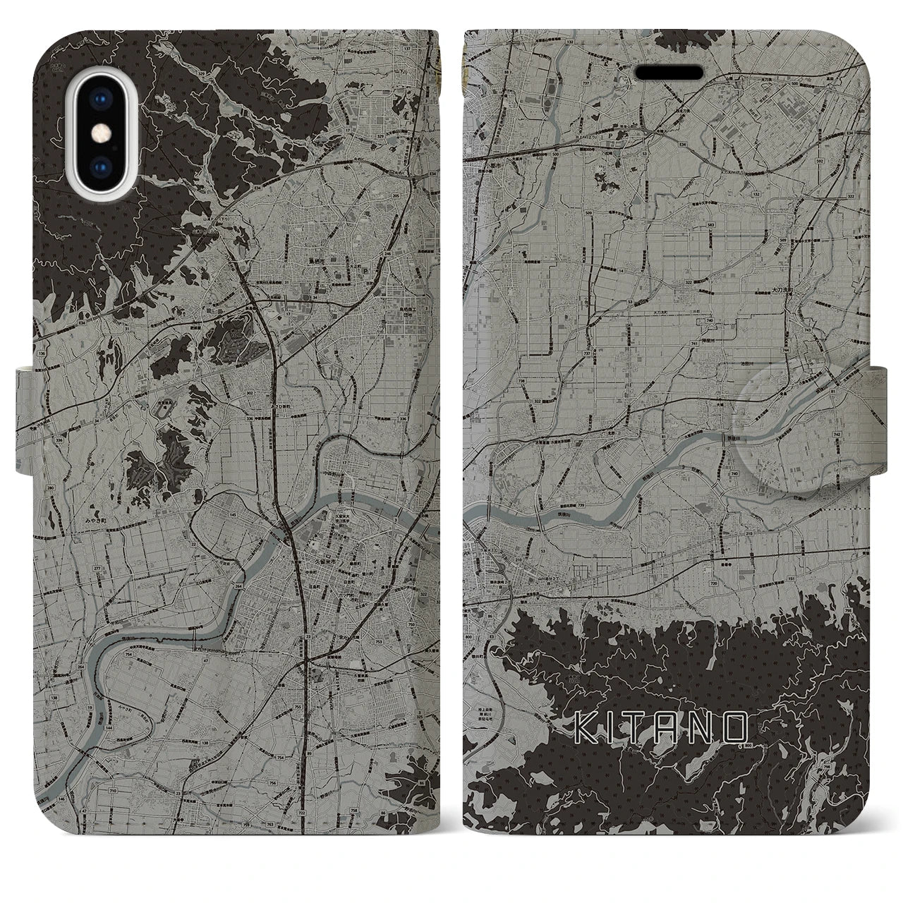 【北野】地図柄iPhoneケース（手帳両面タイプ・モノトーン）iPhone XS Max 用