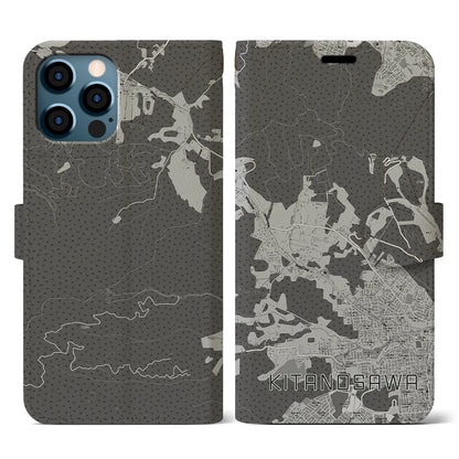 【北の沢（北海道）】地図柄iPhoneケース（手帳タイプ）モノトーン・iPhone 12 / 12 Pro 用