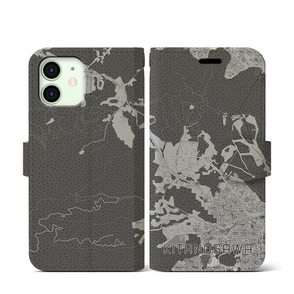 【北の沢（北海道）】地図柄iPhoneケース（手帳タイプ）モノトーン・iPhone 12 mini 用