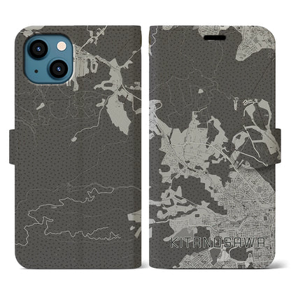 【北の沢（北海道）】地図柄iPhoneケース（手帳タイプ）モノトーン・iPhone 13 用