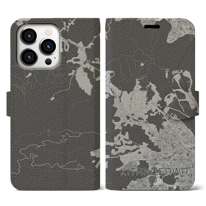 【北の沢（北海道）】地図柄iPhoneケース（手帳タイプ）モノトーン・iPhone 13 Pro 用