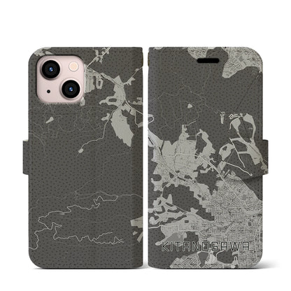 【北の沢（北海道）】地図柄iPhoneケース（手帳タイプ）モノトーン・iPhone 13 mini 用