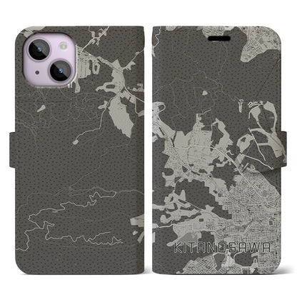 【北の沢（北海道）】地図柄iPhoneケース（手帳タイプ）モノトーン・iPhone 14 用