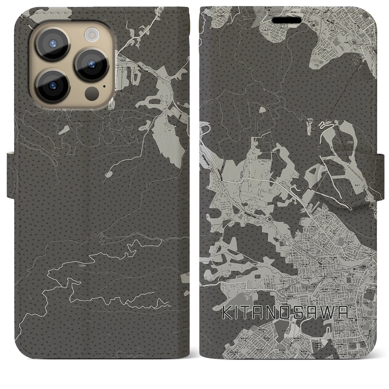 【北の沢】地図柄iPhoneケース（手帳両面タイプ・モノトーン）iPhone 14 Pro Max 用