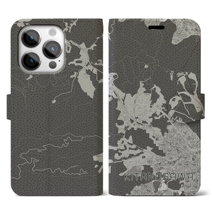 【北の沢（北海道）】地図柄iPhoneケース（手帳タイプ）モノトーン・iPhone 14 Pro 用